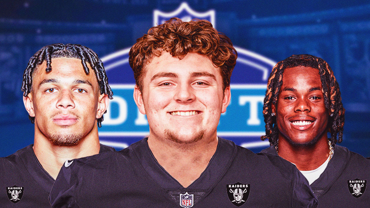 2025 NFL draft prospects Mason Graham, Maxwell Hairston, and Jaylin Noel all in Raiders jerseys with an NFL draft background.