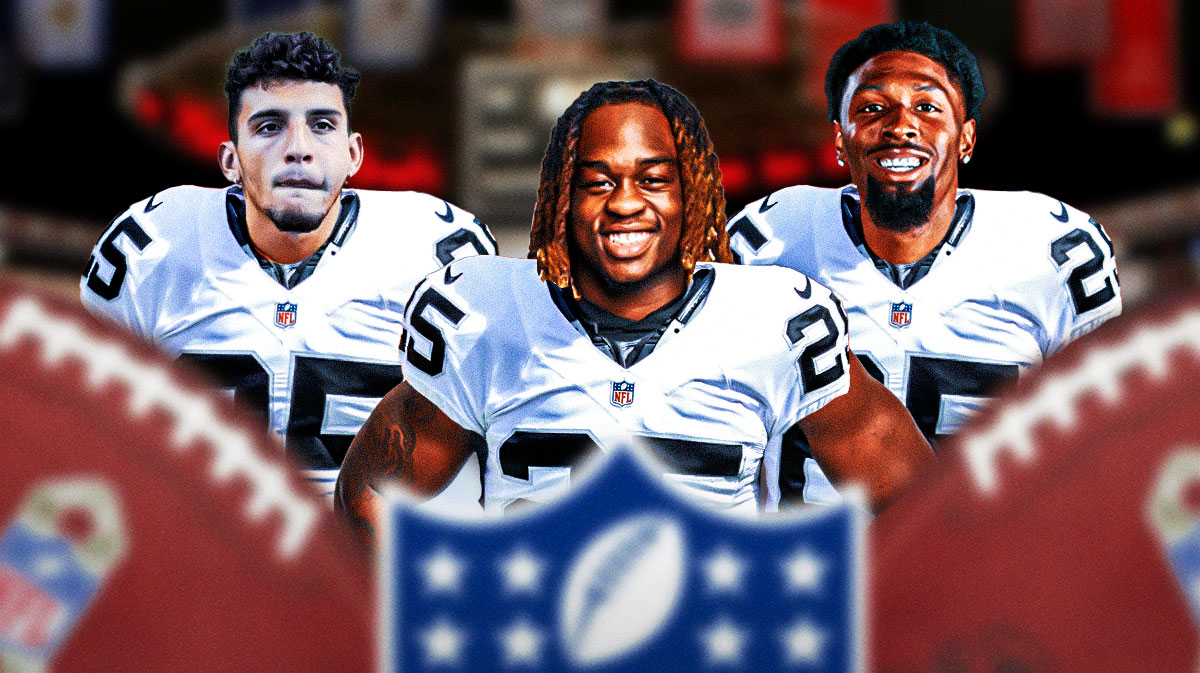 2025 NFL Draft prospects Ashton Jeanty, Xavier Restrepo, and Trey Amos in Raiders jerseys with an NFL draft background.