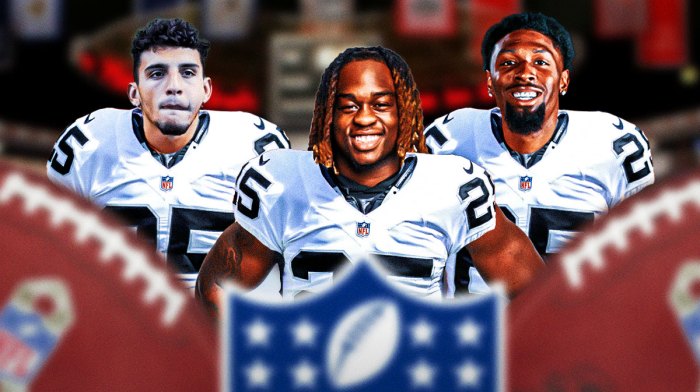 2025 NFL Draft prospects Ashton Jeanty, Xavier Restrepo, and Trey Amos in Raiders jerseys with an NFL draft background.