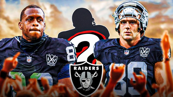 Las Vegas Raiders QB Geno Smith with tight end Brock Bowers and a silhouette of an American football player with a big question mark emoji inside. There is also a logo for the Las Vegas Raiders.