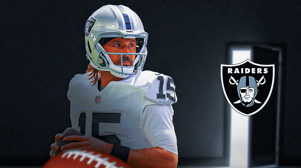 Las Vegas Raiders QB Gardner Minshew next to an open door. There is also a logo for the Las Vegas Raiders.