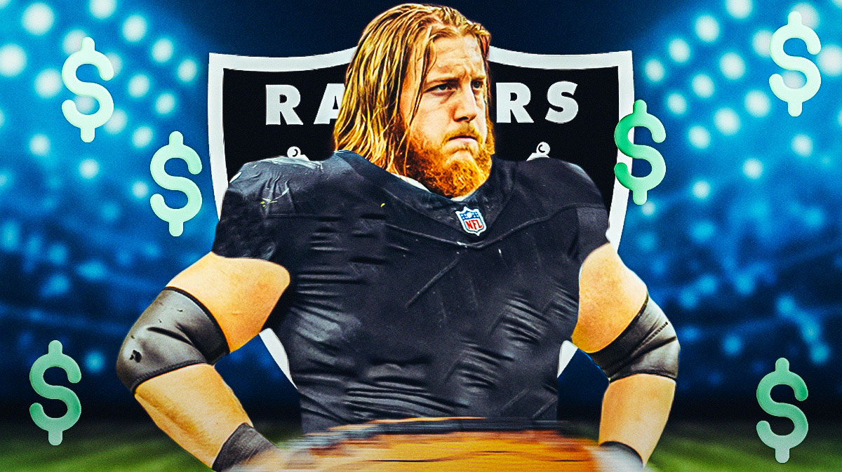 Guard Alex Cappa in a Raiders jersey. He is surrounded by green dollar sign emojis. There is also a logo for the Las Vegas Raiders.