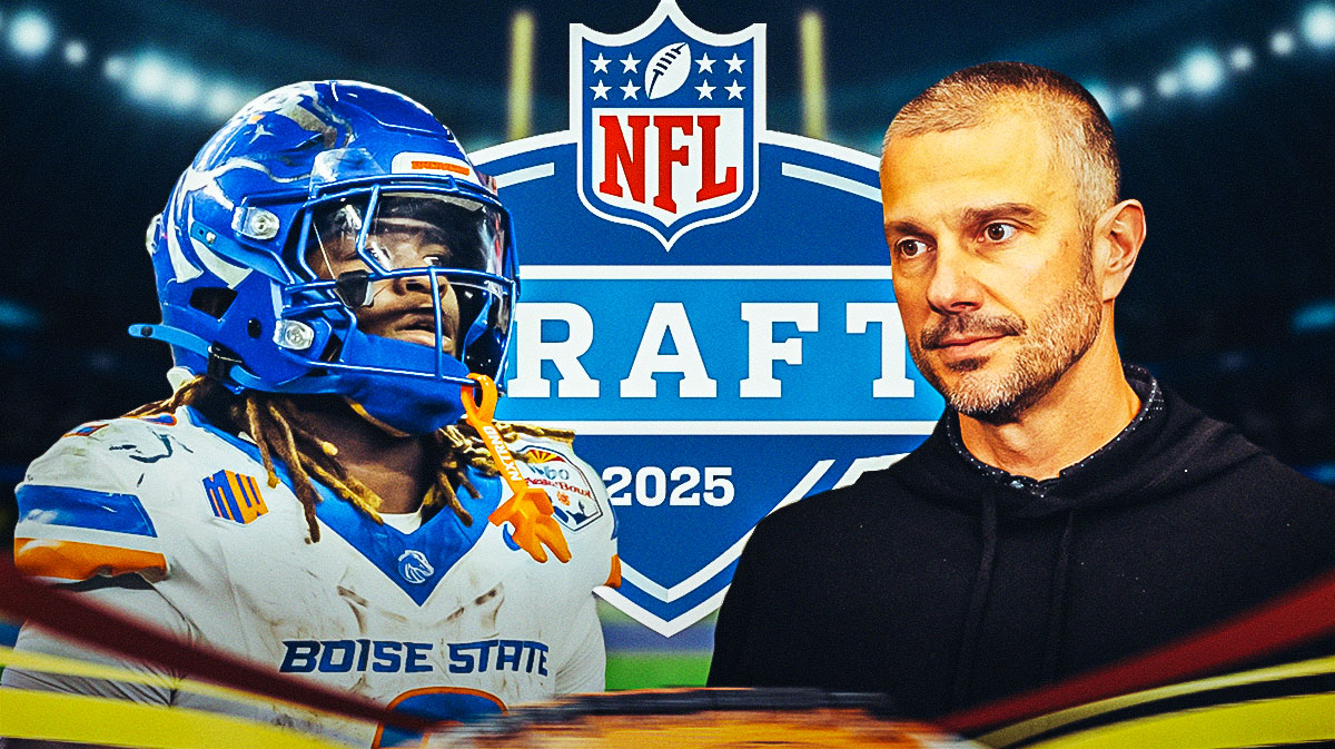 Boise State RB Ashton Jeanty next to Raiders GM John Spytek with 2025 NFL Draft logo in background.