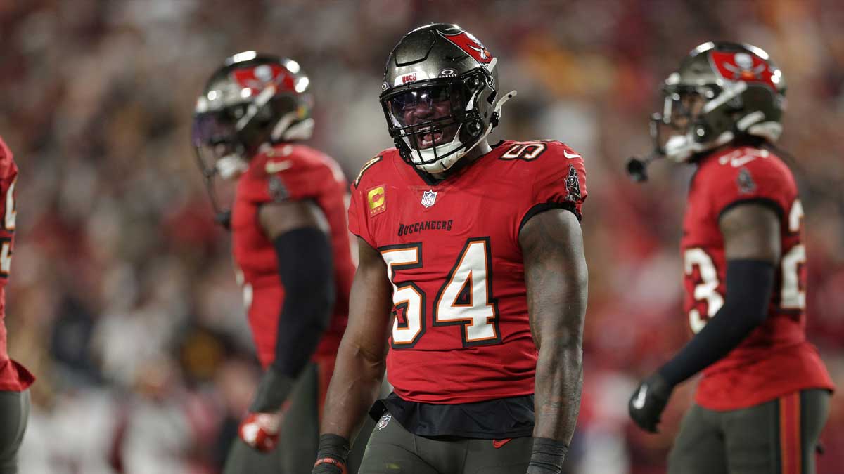 Tampa Bay Buccaneers linebacker Lavonte David (54) celebrates after a stop during the fourth quarter of a NFC wild card playoff against the Washington Commanders at Raymond James Stadium.