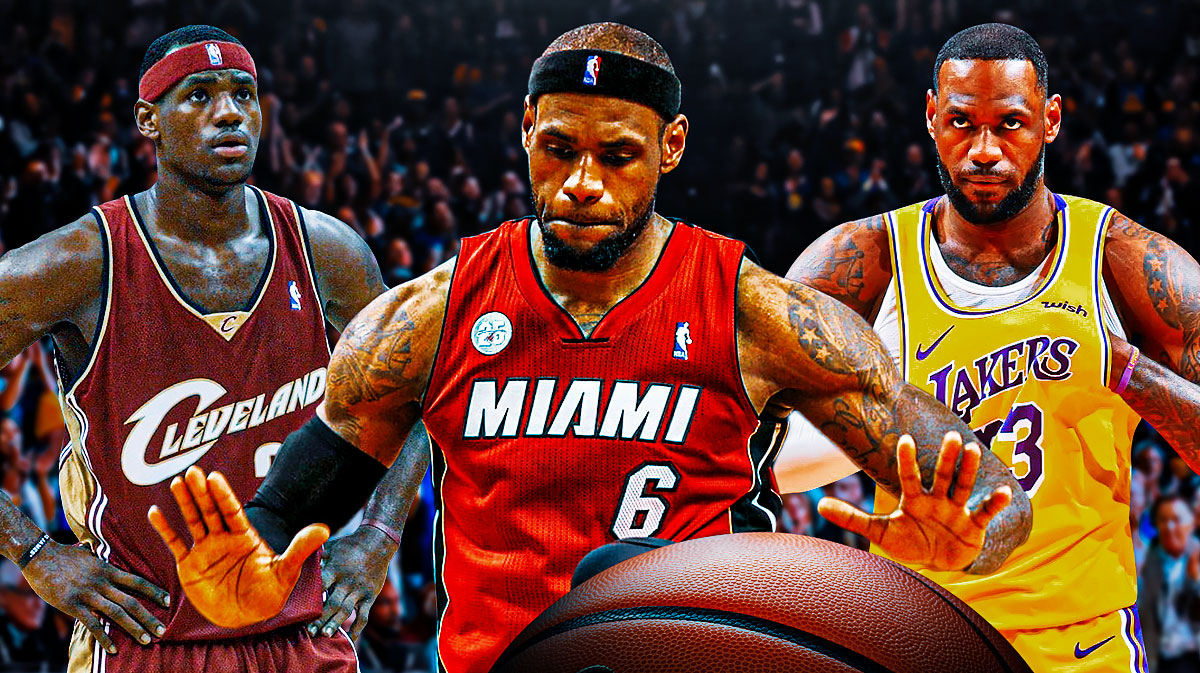 LeBron James playing for the Cavaliers, the Heat, and the Lakers.