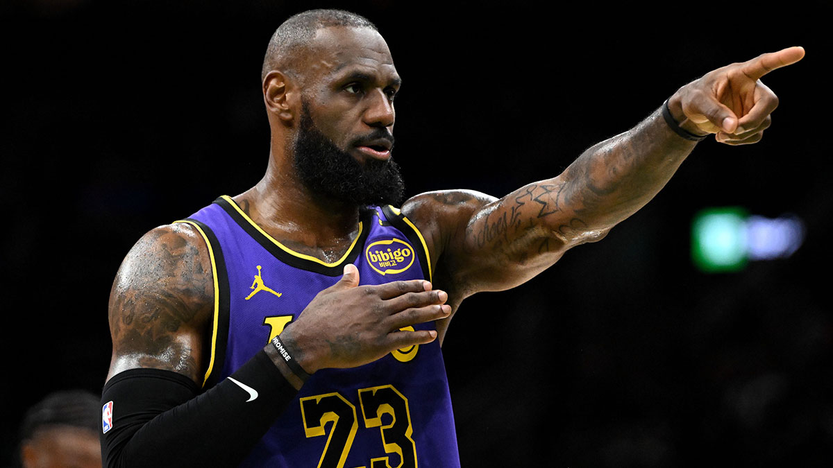 Los Angeles Lakers forward LeBron James (23) calls a play against the Boston Celtics during the second quarter at the TD Garden.