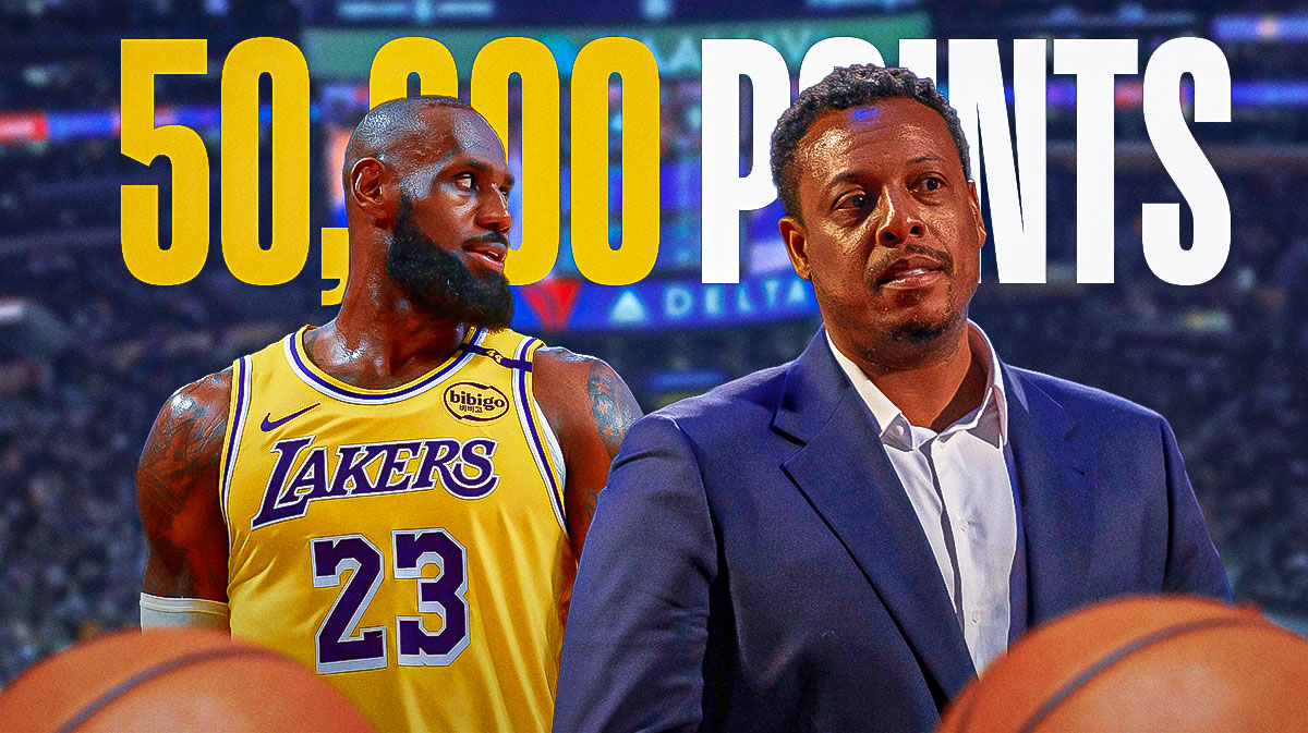 Paul Pierce (in street clothes) next to Lakers All-Star LeBron James with 50,000 POINTS in the background