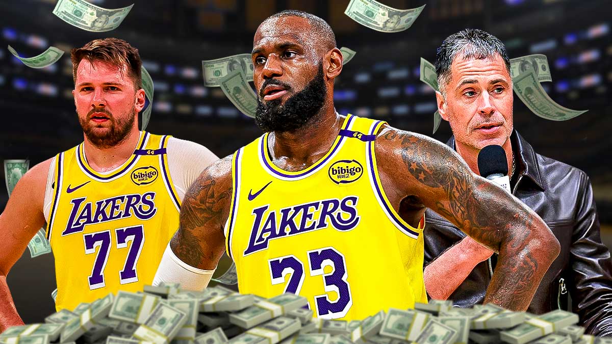 Los Angeles Lakers stars LeBron James and Luka Doncic, with general manager Rob Pelinka, surrounded by cash