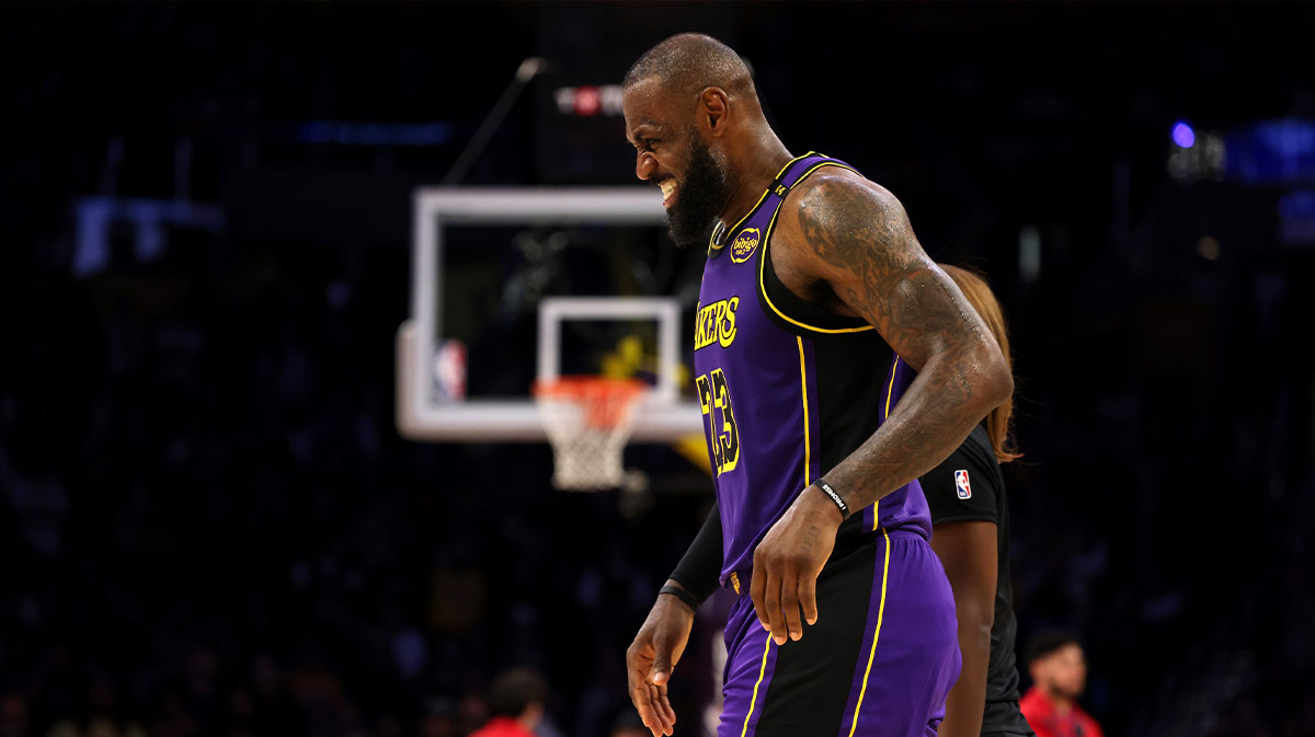 Los Angeles Lakers forward LeBron James (23) reacts after a play during the fourth quarter against the LA Clippers at Crypto.com Arena.