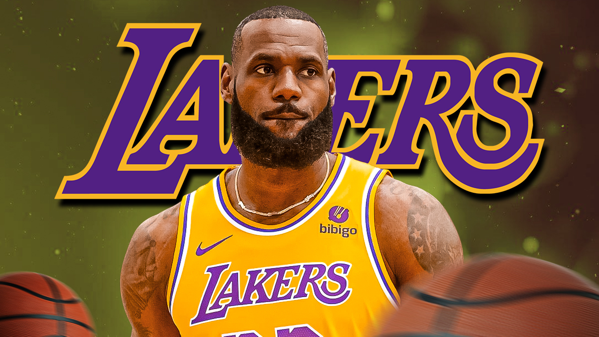 LA Lakers player LeBron James with the Lakers logo in the background, injury Magic history Rockets