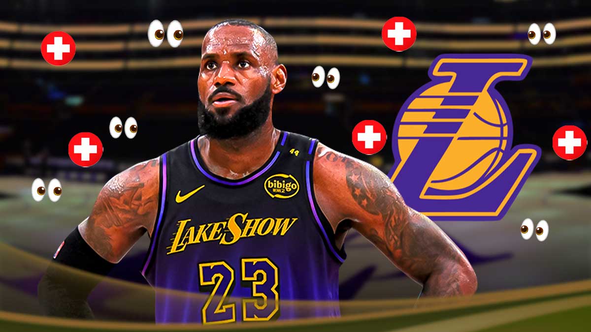 LeBron James, LA Lakers logo, injury signs and eyes symbols