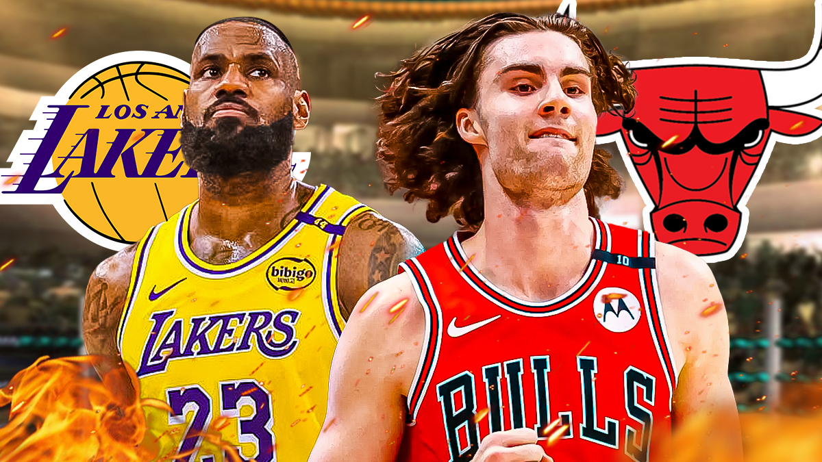 Lakers All-Star LeBron James next to Bulls guard Josh Giddey with the Lakers and Bulls logos in the background