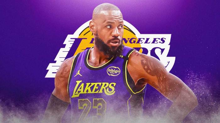 LeBron James looking sad. Lakers logo in the background.