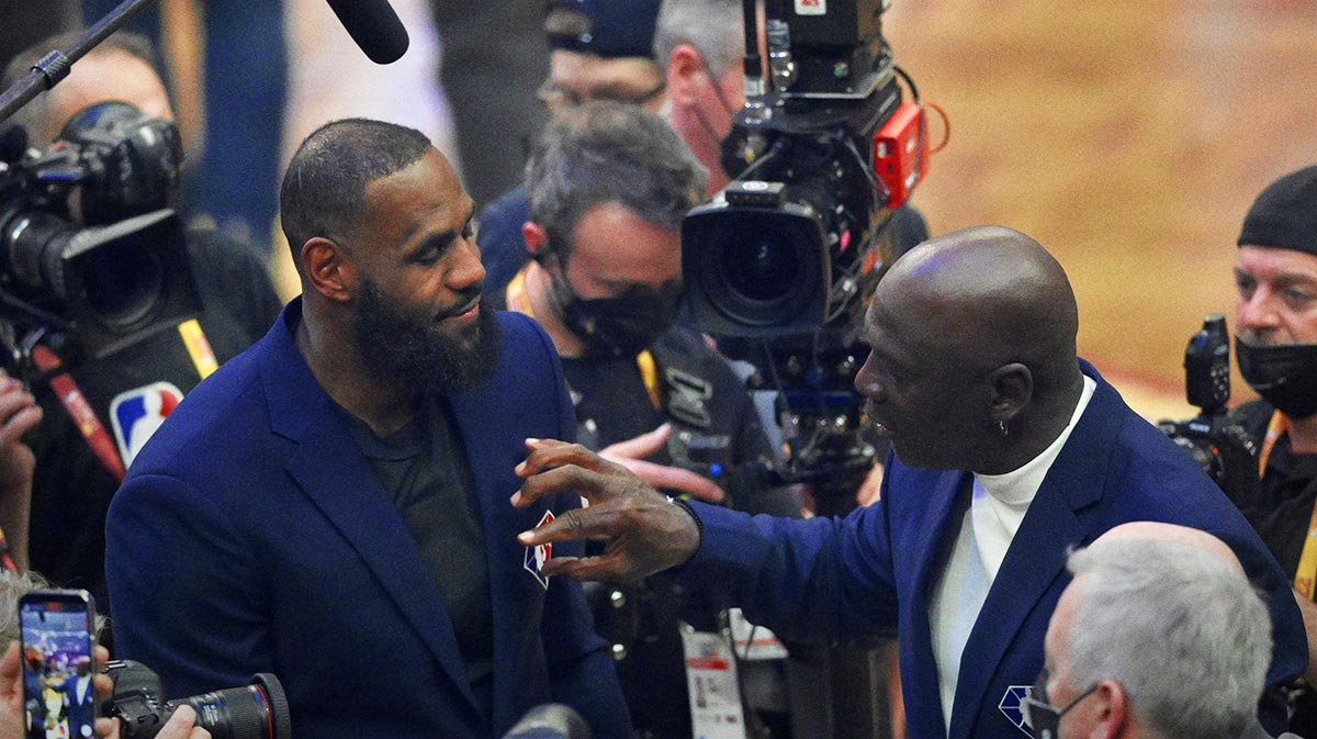 Lebron James and Michael Jordan on court during halftime during the 2022 NBA All-Star Game at Rocket Mortgage FieldHouse.