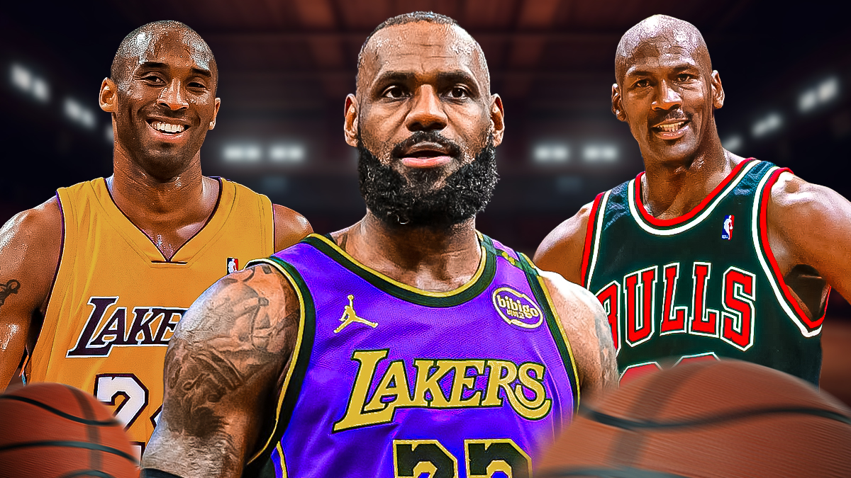 Lakers' LeBron James in the middle with Bulls' Michael Jordan on one side and Lakers' Kobe Bryant on the other