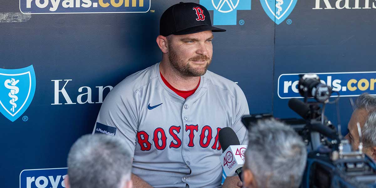 Boston Red Sox pitcher Liam Hendriks (31) is interviewed prior to the game against the Kansas City Royals at Kauffman Stadium. 