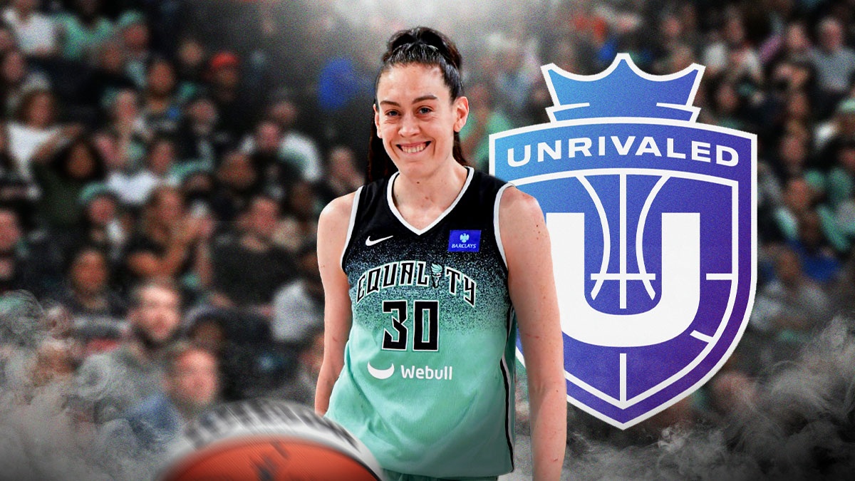 WNBA New York Liberty player Breanna Stewart, playing basketball, with the Unrivaled Basketball League logo behind her