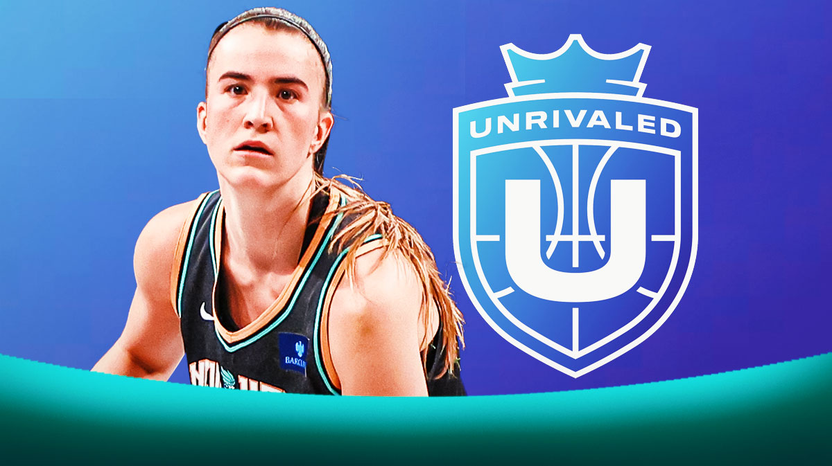 Sabrina Ionescu in a New York Liberty jersey with a background of the Unrivaled logo.