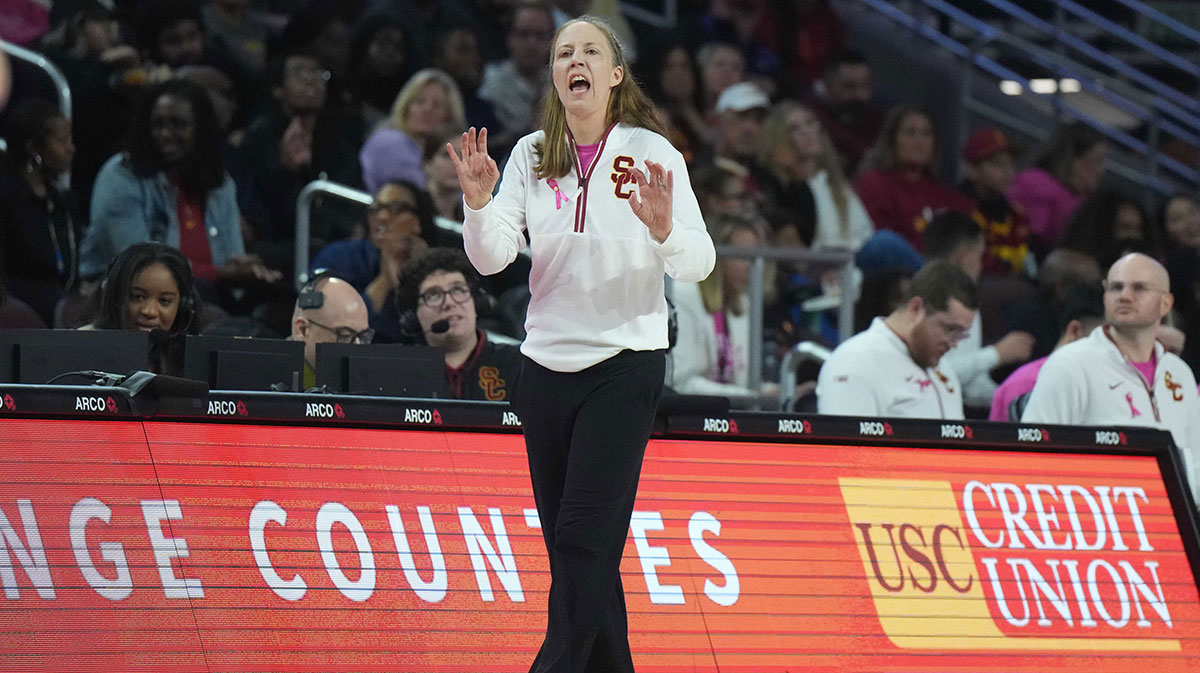 Southern California Trojans head coach Lindsay Gottlieb reacts in the second half against the Michigan State Spartans at the Galen Center