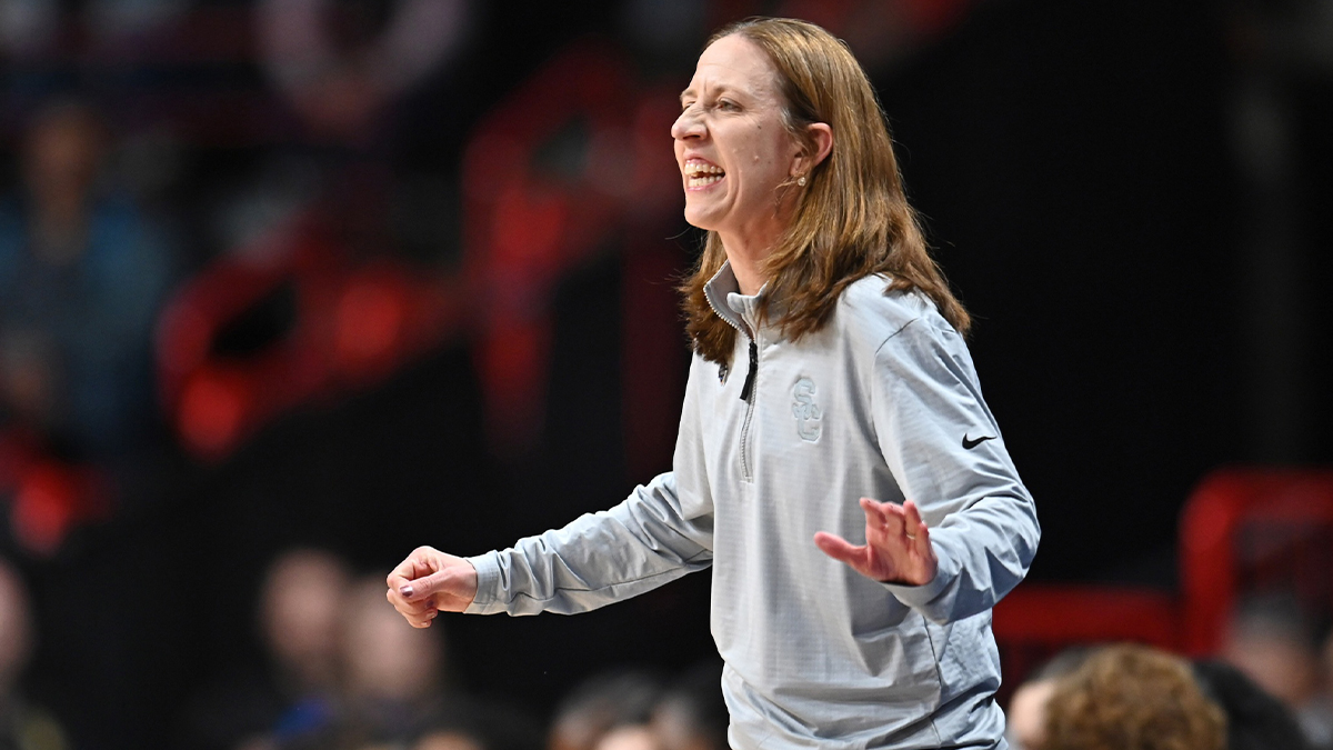 USC Trojans head coach Lindsay Gottlieb looks on against the Kansas State Wildcats during the first half of a Sweet 16 NCAA Tournament basketball game at Spokane Arena. at Spokane Arena.