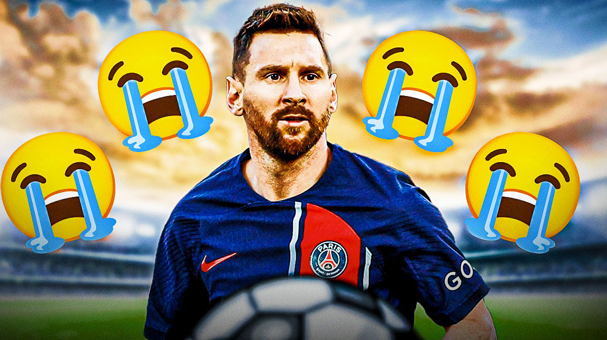 Lionel Messi in a PSG uniform with sad crying emojis all around