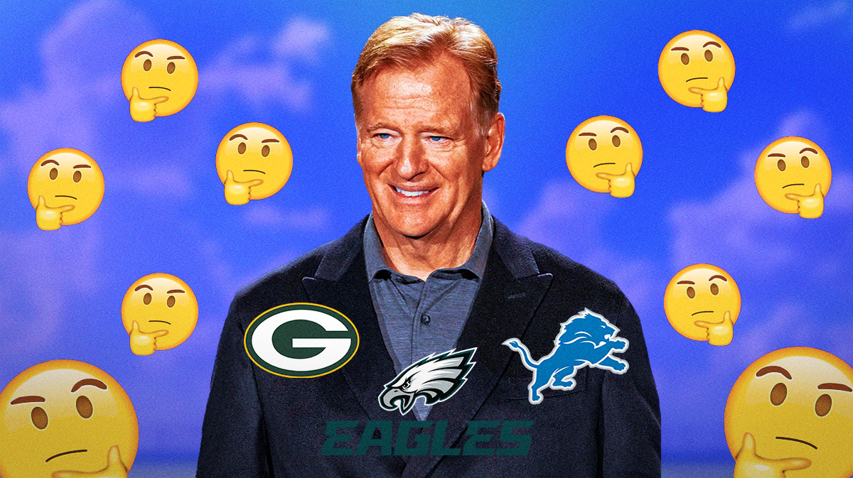 NFL commissioner Roger Goodell surrounded by thinking emojis (🤔) There are also a logos for the Philadelphia Eagles, Detroit Lions, and Green Bay Packers.