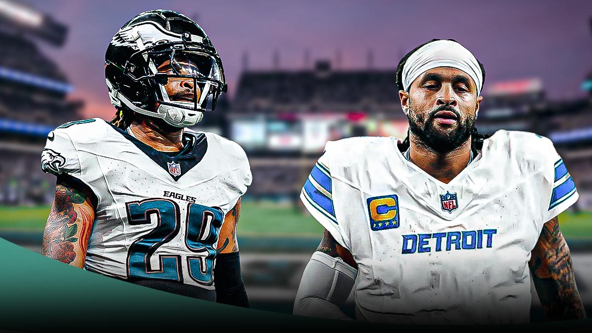 Avonte Maddox wearing an Eagles uniform next to Avonte Maddox wearing a Lions uniform.