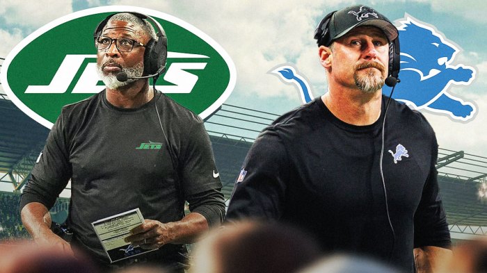 Detroit Lions head coach Dan Campbell with a Lions logo on one side and New York Jets head coach Aaron Glenn with a Jets logo on the other side with a slash between them as the lions will receive a pick in the NFL draft for losing Aaron Glenn to the jets.