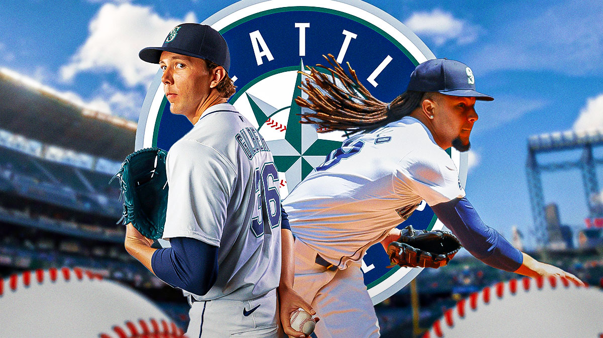 Mariners Logan Gilbert and Mariners Luis Castillo both pitching baseballs with the Seattle Mariners 2025 logo in background.