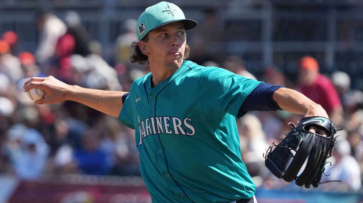 Seattle Mariners pitcher Logan Gilbert (36) throws against the San Francisco Giants in the first inning at Scottsdale Stadium.