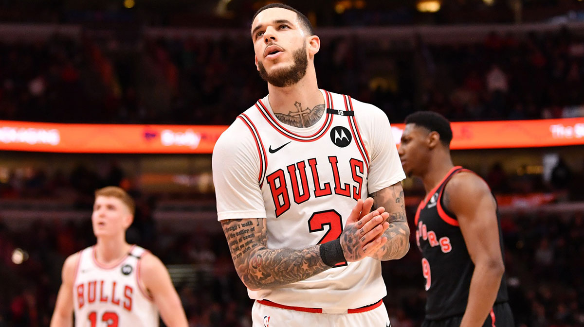 Chicago Bulls guard Lonzo Ball (2) reacts during a game against the Toronto Raptors at the United Center.