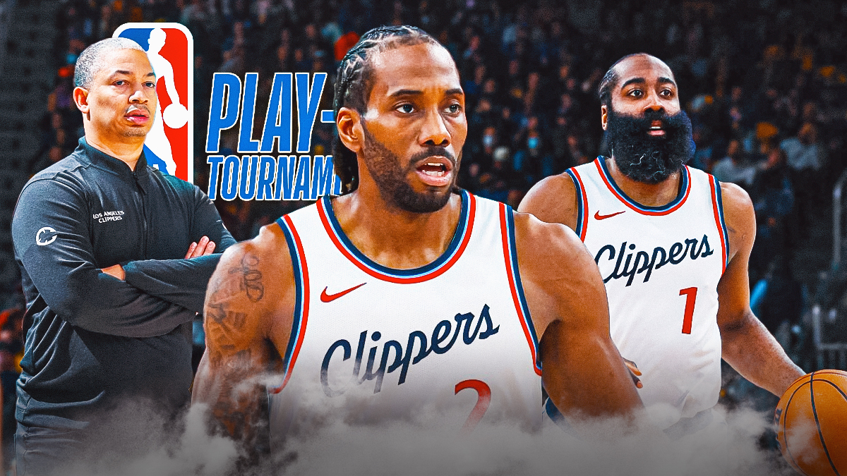 Clippers' Kawhi Leonard, James Harden, and Ty Lue looking serious, with play-in tournament logo beside them