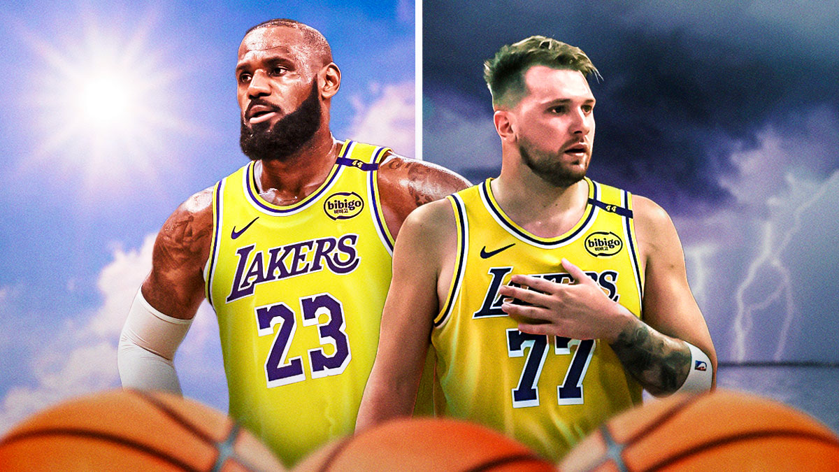 Lakers LeBron James and Luka Doncic in the middle with a sunny sky behind them on one side and a stormy sky behind them on the other