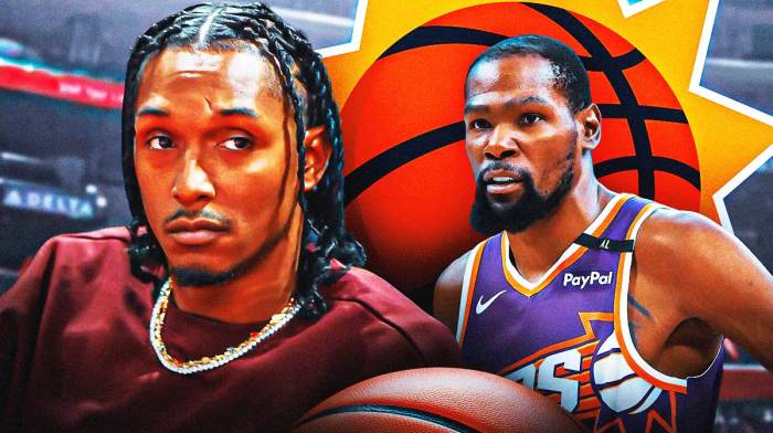 Lou Williams in street clothes next to Suns All-Star Kevin Durant with the Suns logo in the background