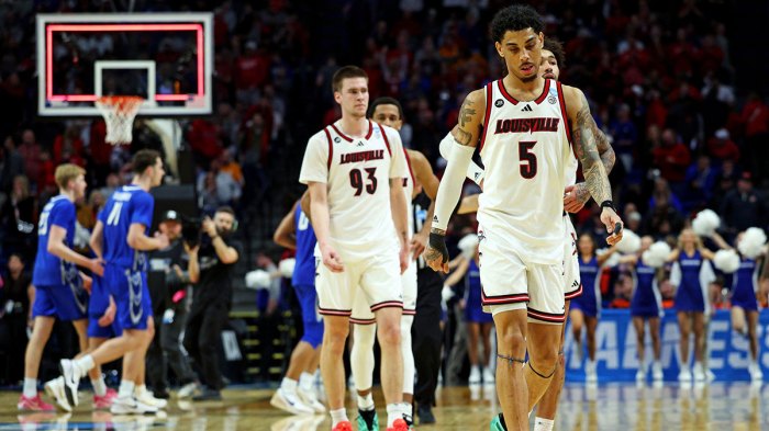 Louisville Cardinals guard Terrence Edwards Jr. (5) reacts after losing to the Creighton Bluejays in the first round of the NCAA Tournament at Rupp Arena.