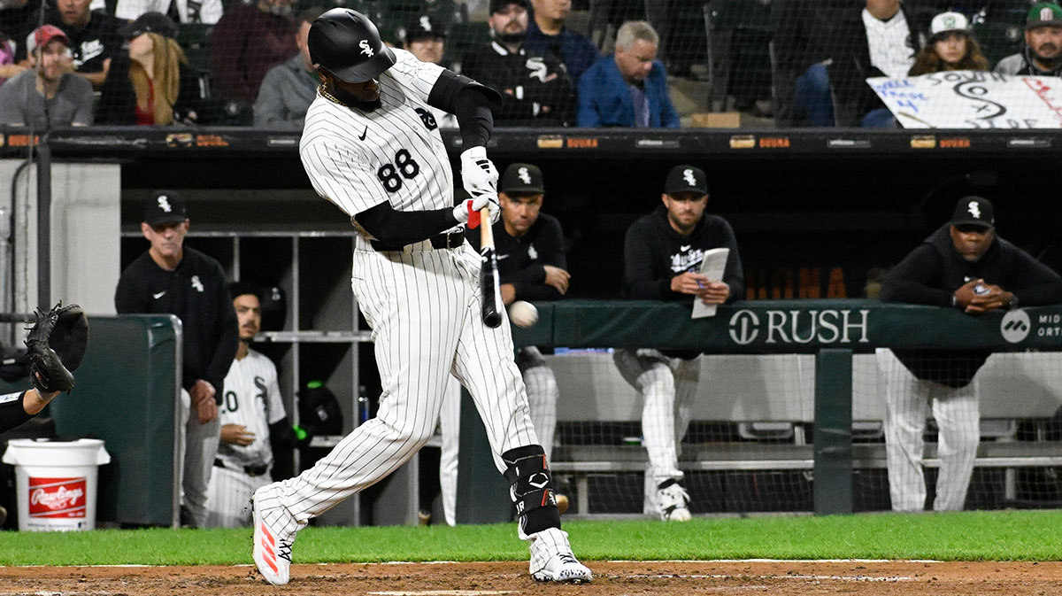 Chicago White Sox outfielder Luis Robert Jr. (88) hits a double against the Los Angeles Angels during the seventh inning at Guaranteed Rate Field.