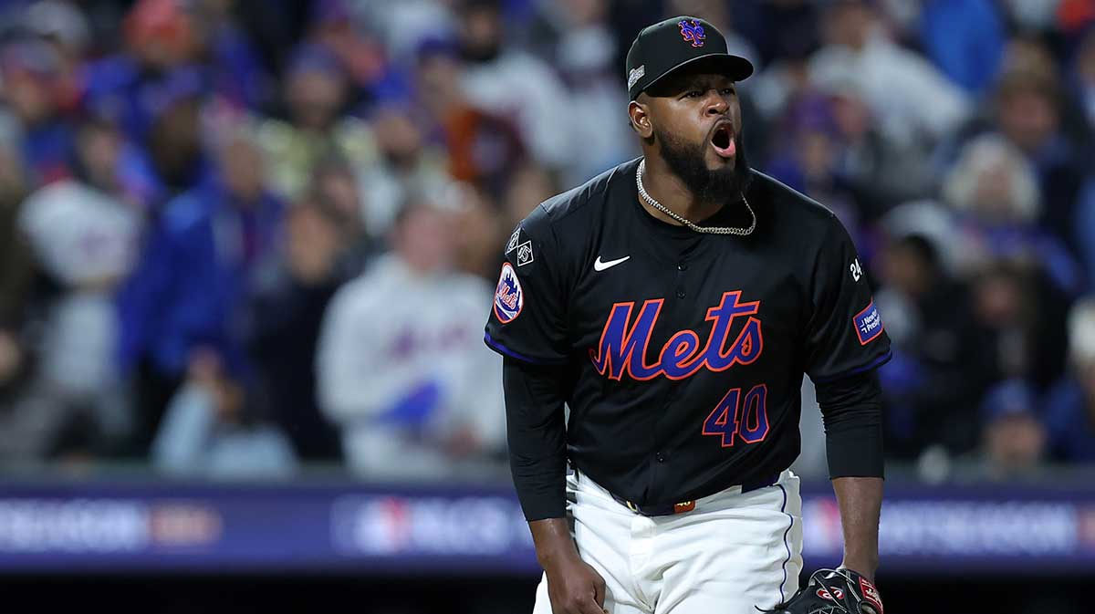 New York Mets pitcher Luis Severino (40) reacts after an out against the Los Angeles Dodgers in the fifth inning during game three of the NLCS for the 2024 MLB playoffs at Citi Field. 