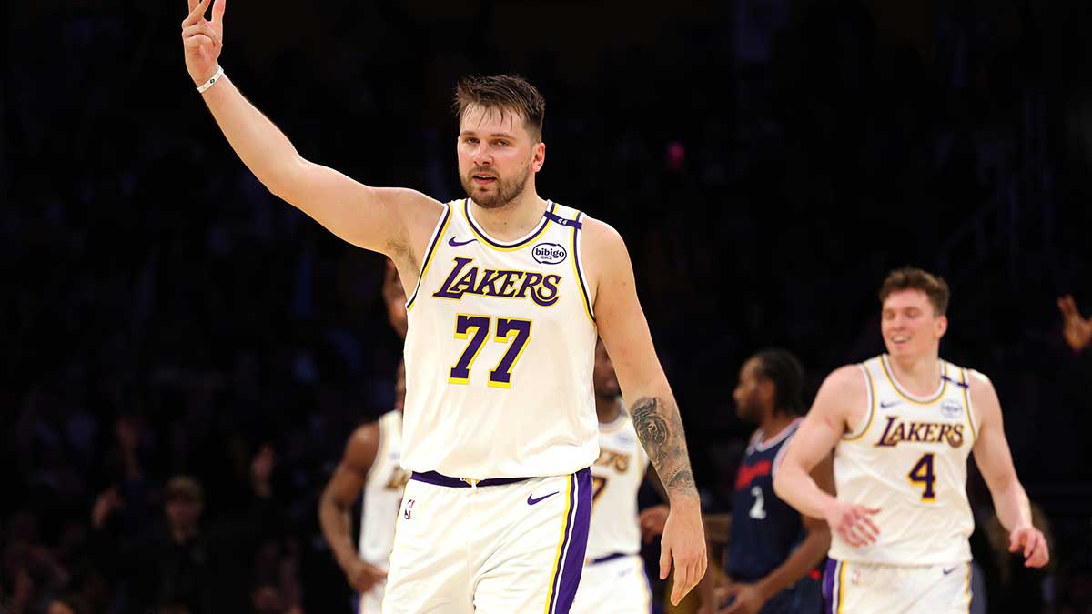 March 2, 2025; Los Angeles, California, USA; The Los Angeles Lakers Guard, Luka Doncic (77), reacts to a play during the third quarter against the Los Angeles Clippers at Crypto.com Arena.