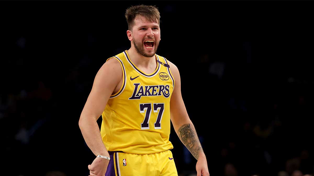 Los Angeles Lakers Guard Luka Doncic (77) reacts after three points recorded on Brooklyn Network during the second quarter in the center of Barclays.