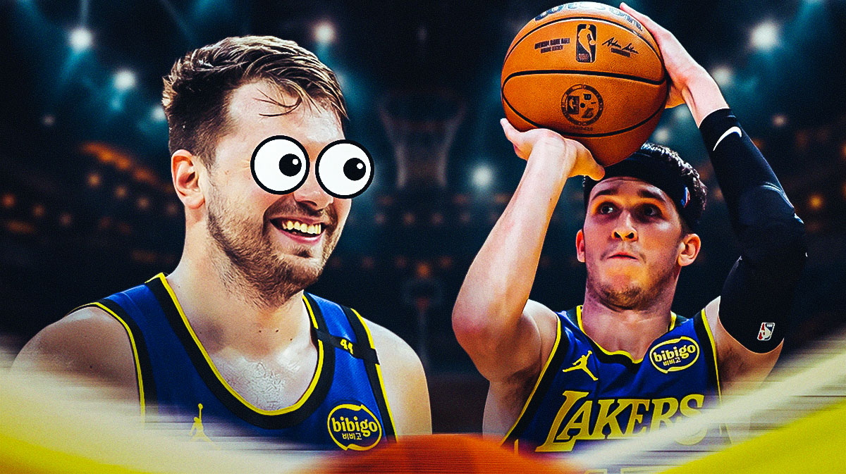 Lakers Luka Doncic with eyes popping out looking at Lakers Austin Reaves shooting a basketball.