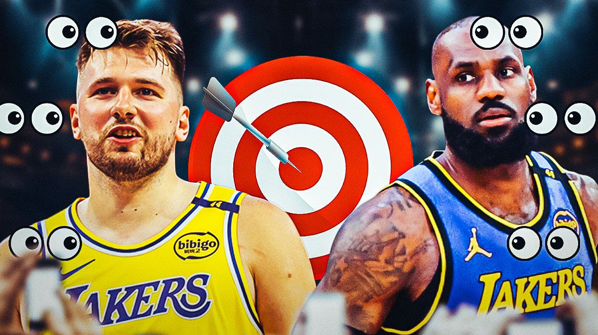 Luka Doncic and LeBron James with targets in front of them, a bunch of the big eyes emojis in the background. Lakers 2024-25
