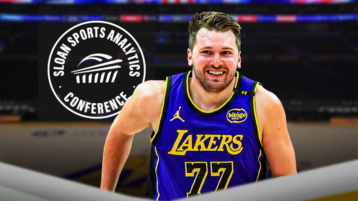 Lakers guard Luka Doncic smiling, with the Sloan Analytics logo in the background.