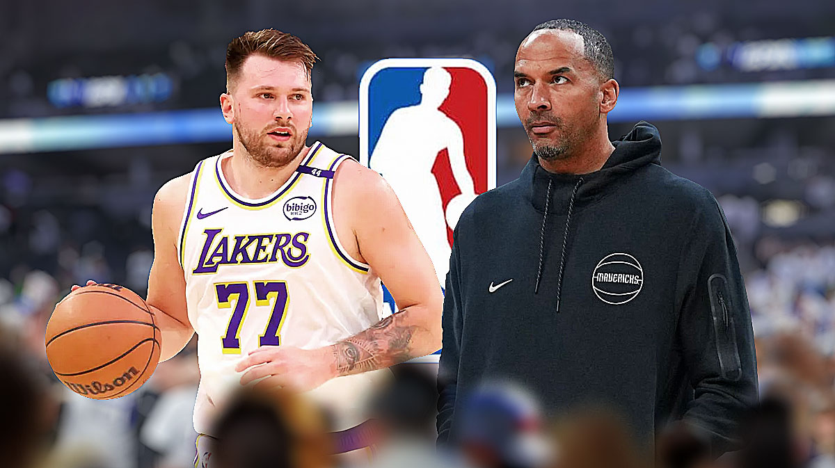 Luka Doncic in a Lakers uniform. Nico Harrison. NBA logo in the background