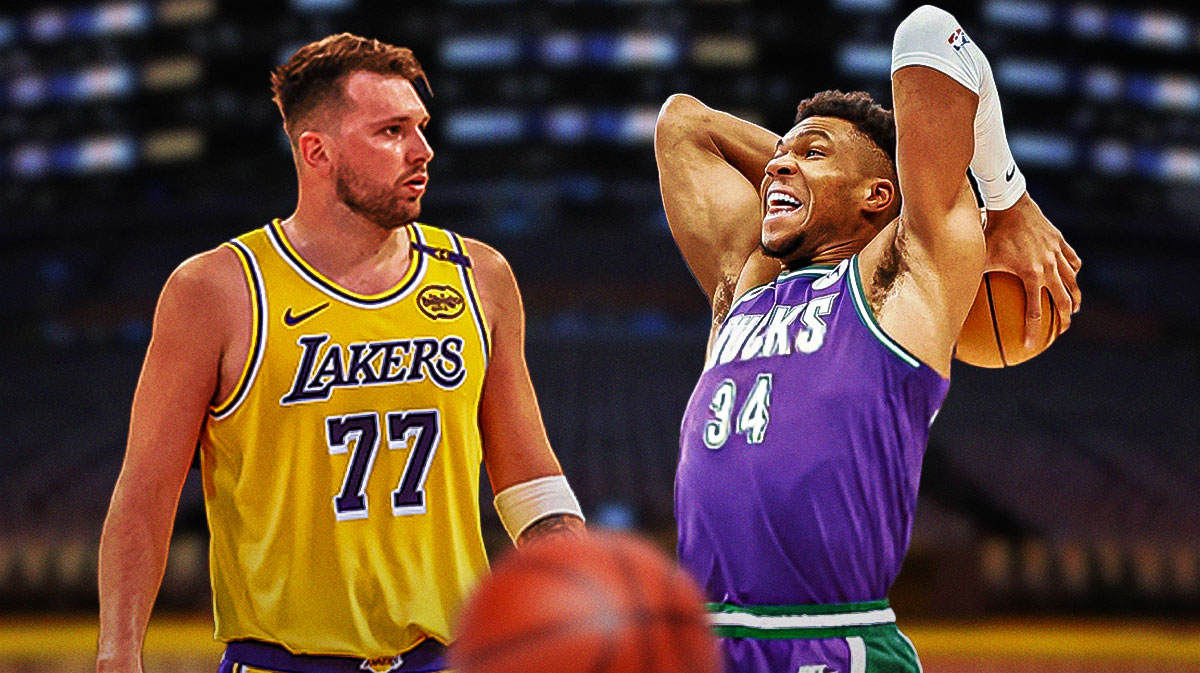 Lakers Luka Doncic on left looking serious. Bucks Giannis Antetokounmpo dunking a basketball on right.