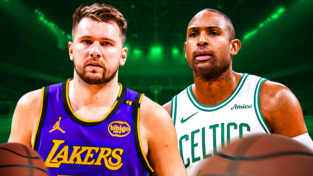Lakers' Luka Doncic, Celtics' Al Horford, TD Garden behind them