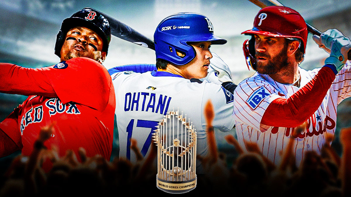 Shohei Ohtani (Dodgers), Rafael Devers (Red Sox), Bryce Harper (Phillies) all swinging the bat, World Series trophy in front of them.