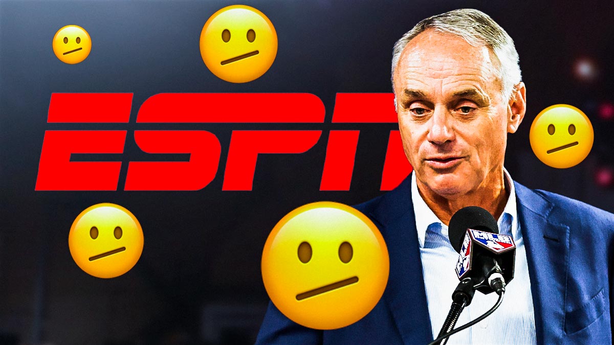 MLB Commissioner Rob Manfred standing next to the ESPN logo with the 🫤 emoji surrounding it.