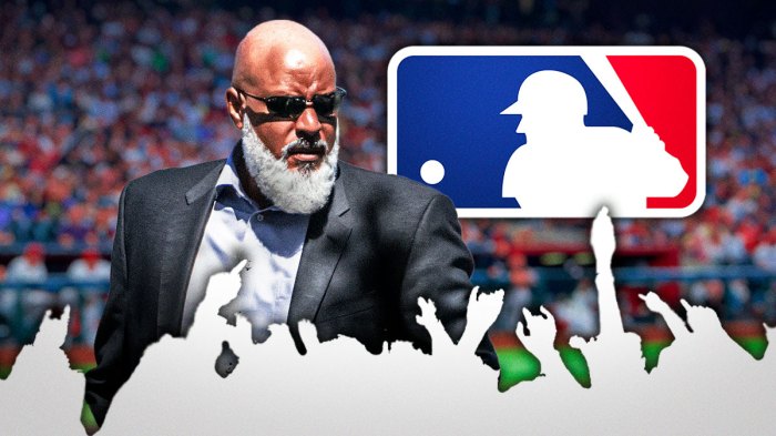 MLB Players Union director Tony Clark with question marks around the MLB logo and silhouettes of fans around him.