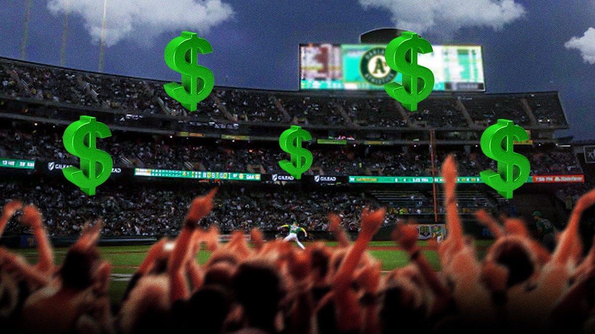 Athletics fans all cheering for their team, dollar sign emojis behind them