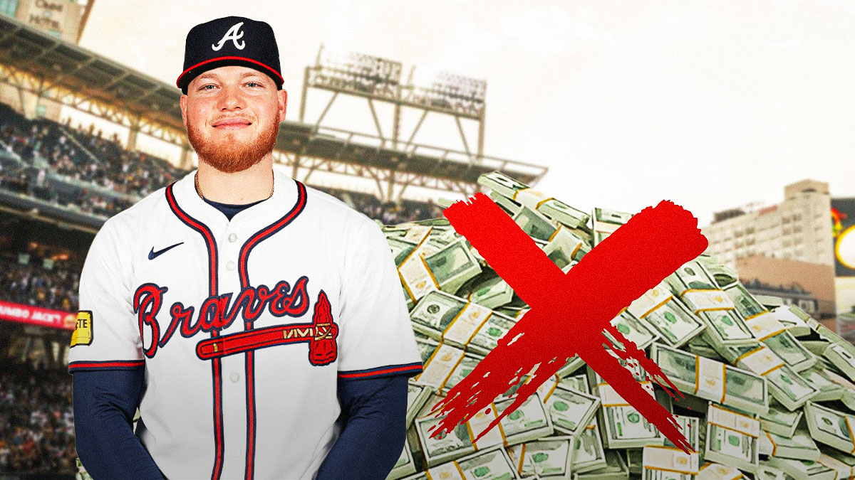Alex Verdugo in an Atlanta Braves uniform next to a big pile of cash with a big red X through it as verdugo's free agency deal with the braves is less than ideal.